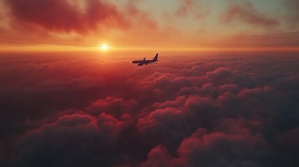 Naklejka premium Stunning Flight Over Cumulus Clouds at Sunset with Vibrant Colors