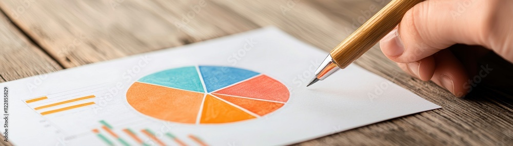 Poster a hand holding a pencil points at a colorful pie chart on paper, resting on a wooden surface, depict