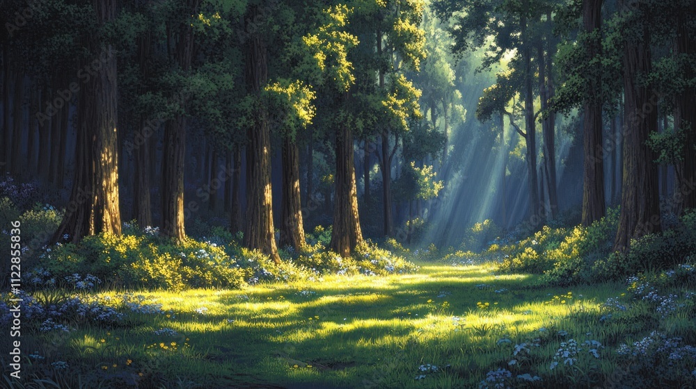 Poster a serene forest scene with sunlight filtering through trees, illuminating a grassy path.