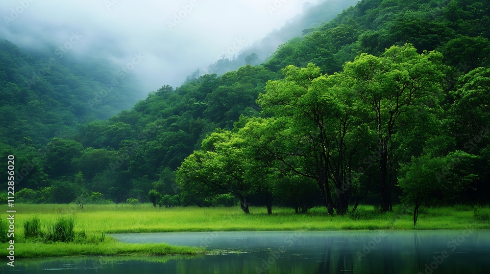 Poster Serene Misty Forest with Lush Greenery Surrounding a Tranquil Lake in a Remote Natural Setting : Generative AI
