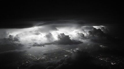 Obraz premium Monochrome Cloudscape Over City Aerial View Capturing Power of Nature in Stormy Night : Generative AI