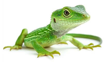 Fototapeta premium Closeup of a vibrant green lizard with intricate details on white background : Generative AI