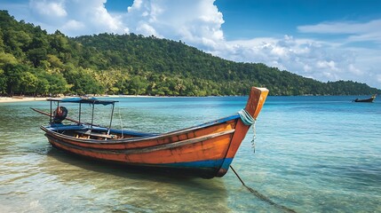 Fototapeta premium Traditional Longtail Boat Anchored by Tropical Beach with Blue Waters : Generative AI