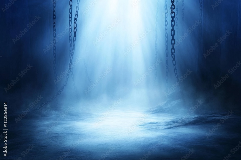 Poster mystical blue light shining through chains in an enigmatic dark environment with soft fog and ethere