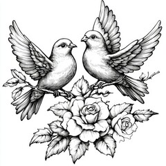 Obraz premium Two Doves Perched on a Rose Bush A Romantic Black and White Illustration