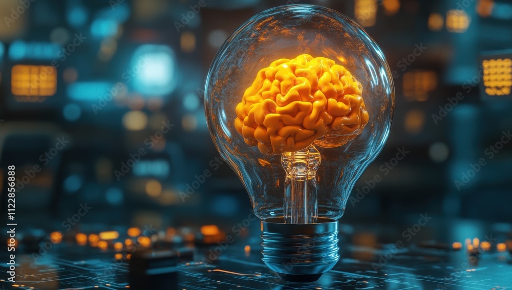 Poster creative concept of knowledge and innovation represented by a light bulb with a brain inside, symbol