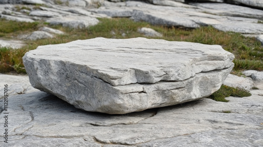 Aufkleber a flat, rectangular stone resting on a rocky surface with sparse grass around.