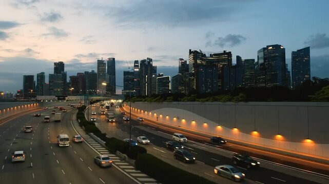 Sunset Scene of Downtown Singapore with Traffic Car City Timelapse. The Marina Coastal Expressway (MCE) is a key underground expressway in Singapore, spanning approximately 5 kilometres.