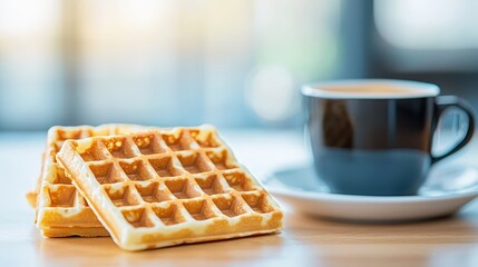 Freshly made waffles served with black coffee on a wooden table in a cozy cafe setting