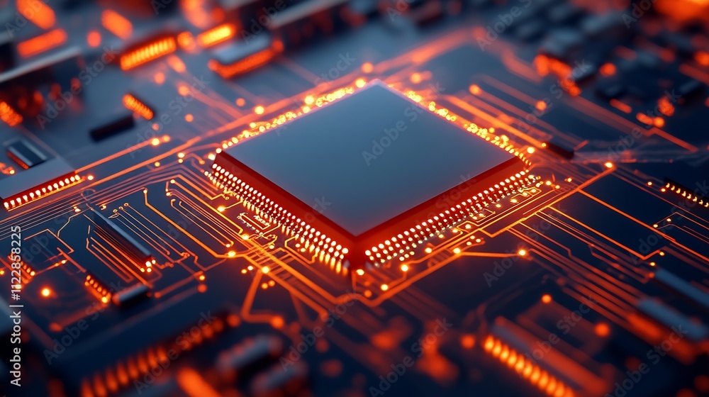 Poster High tech circuit board with glowing red microchip in futuristic technology theme : Generative AI
