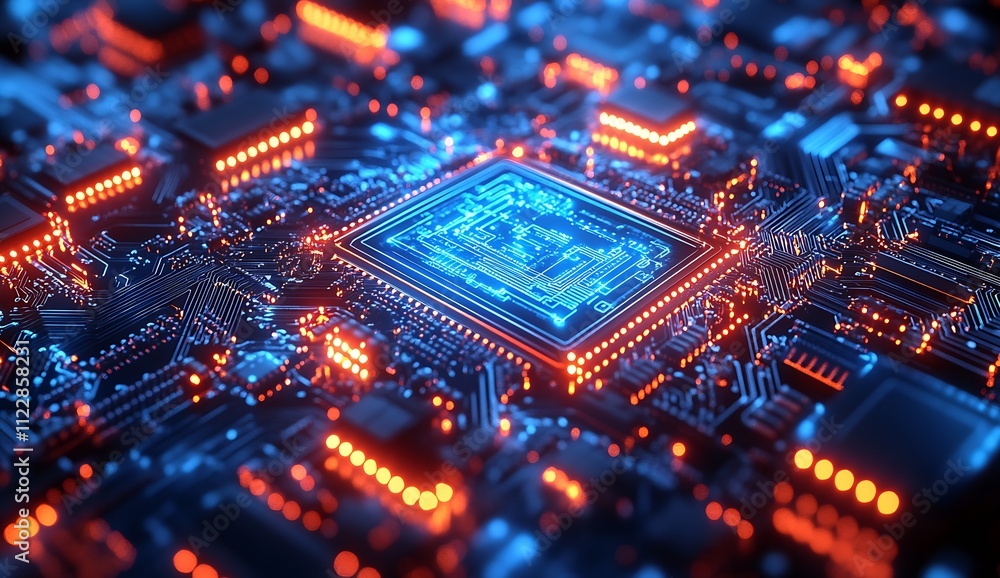 Poster Futuristic Circuit Board with Glowing Microchip in Blue and Orange Technology Abstract : Generative AI