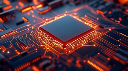Fototapeta premium High tech circuit board with glowing red microchip in futuristic technology theme : Generative AI