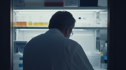 Scientist working in a modern lab with various equipment and containers, focused back view on research.