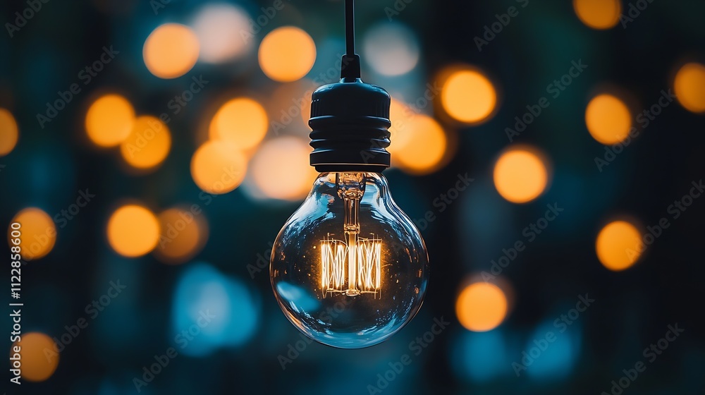 Poster single vintage edison bulb with warm glowing filament against blurred bokeh background lighting : ge