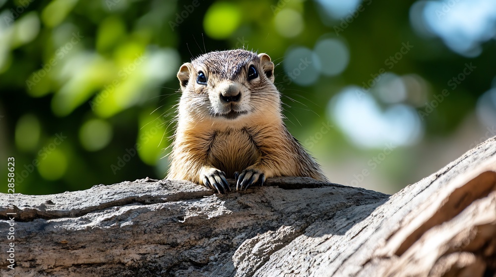 Poster Curious Squirrel Looking at Camera on a Tree with Green Leafy Background : Generative AI