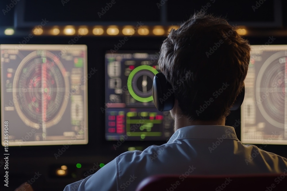 Poster professional operator monitors high-tech control room with multiple display screens and advanced equ
