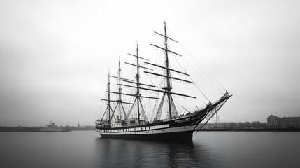 Fototapeta premium Historic Tall Ship in Timeless Black and White Setting on Overcast Day : Generative AI