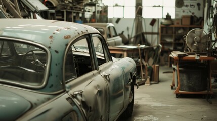 In an old workshop, a vintage car weathered by time is surrounded by tools, evoking nostalgia and the enduring spirit of craftsmanship.