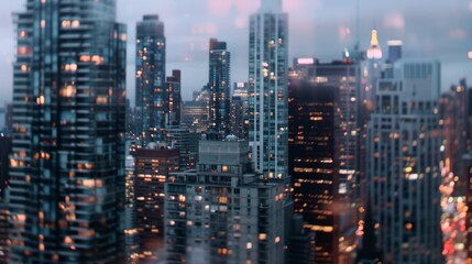 Obraz premium The city skyline blurs into soft focus as dusk settles, with lights twinkling like stars amidst towering buildings, creating urban enchantment.