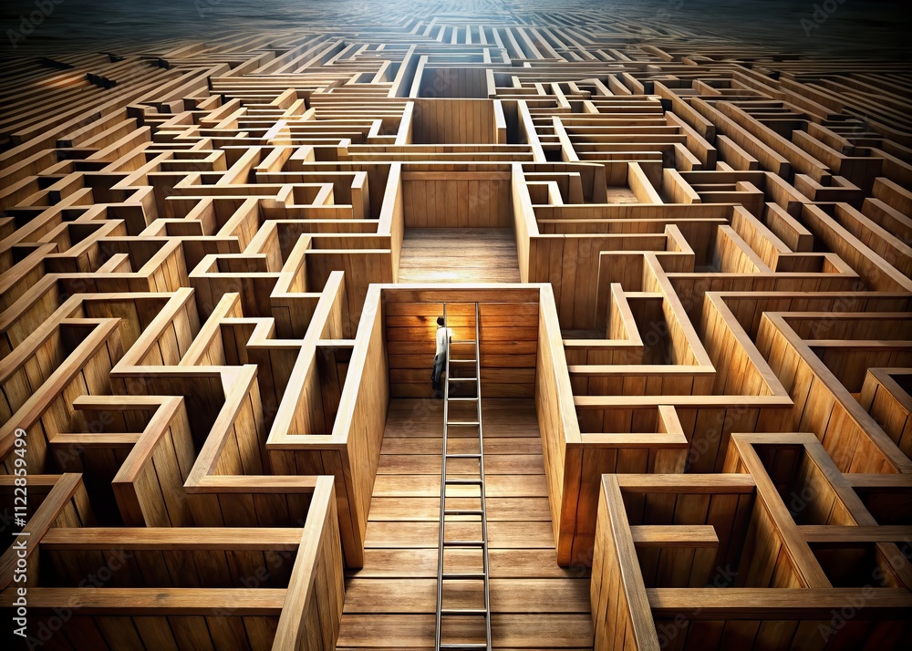 Poster conceptual photography of a maze with a ladder and planks symbolizing escaping challenges and findin