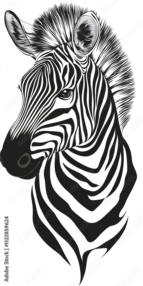 Poster zebra portrait in monochromatic style with high contrast and detailed features. this striking image 