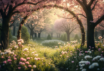 Beautiful enchanted landscape. Fantasy garden background. Magic meadow with spring blooming trees. Round frame with copy space in the middle. Fairy tale banner.
