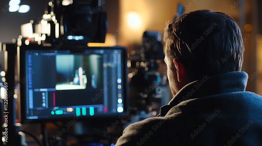Poster Film director at work with camera setup in professional studio during video editing process : Generative AI