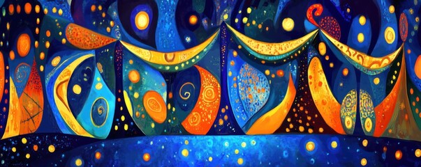 Naklejka premium A vibrant abstract artwork featuring swirling shapes and celestial motifs in deep blue hues.