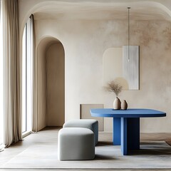  Minimalist, japandi style interior design of modern living room with blue dining table and ottoman chair. Room with beige stucco arched wall. 