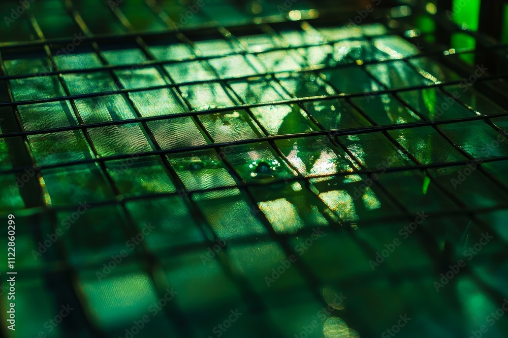 Poster reflection of light on green textured surface with grid pattern, capturing the essence of nature, wa