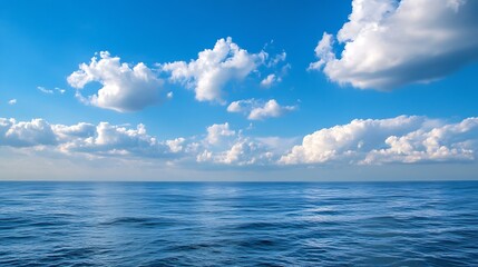 Obraz premium Blue Ocean Horizon with Calm Sea and White Fluffy Clouds on Clear Summer Day : Generative AI