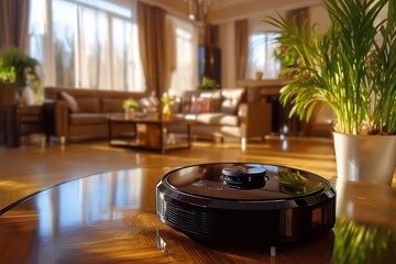 A robotic vacuum cleaner navigating through a stylish home with precision