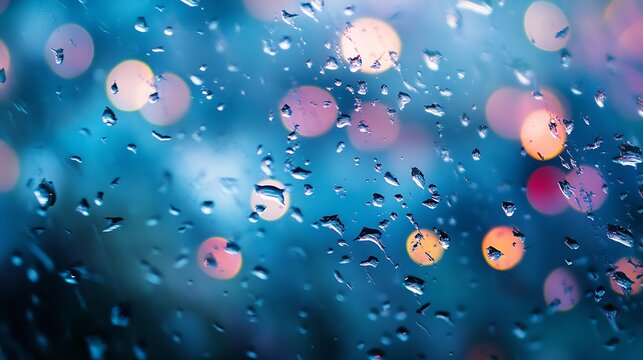 Beautiful rain droplets on glass with colorful bokeh lights in the background : Generative AI
