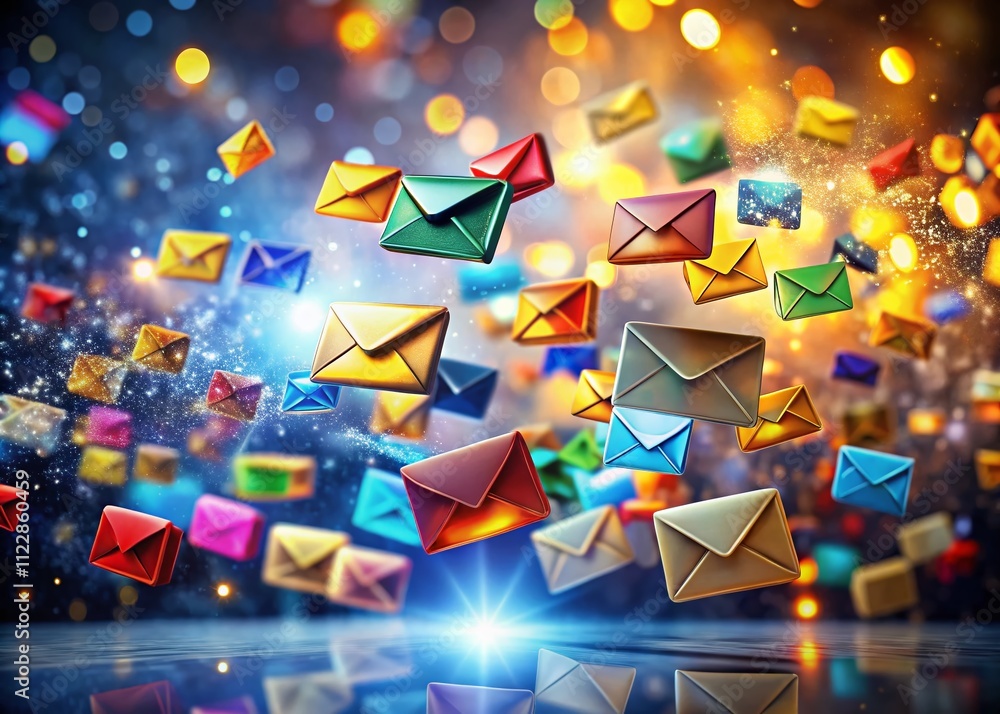 Poster conceptual representation of spam emails: digital messages flooding an inbox, highlighting advertisi