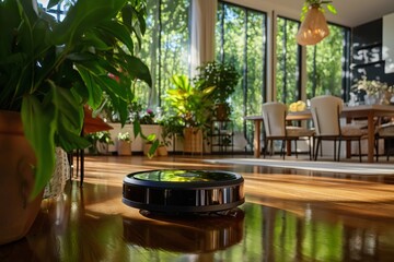 Fototapeta premium A robotic vacuum cleaner navigating through a stylish home with precision