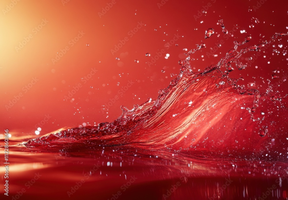 Poster Dynamic Splash of Water Against a Red Background with Glowing Reflections and Captivating Drops Creating an Artistic and Mesmerizing Visual Experience