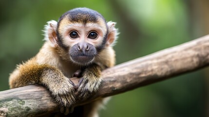 Obraz premium Endearing Young Capuchin Monkey Resting on Branch in Vibrant Green Jungle Habitat : Generative AI