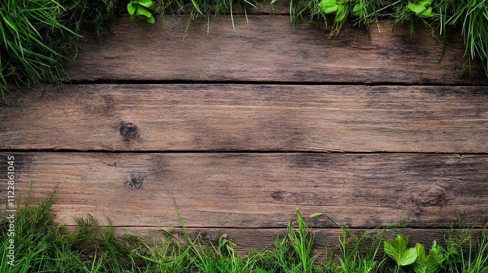 Aufkleber top view of rustic wooden planks surrounded by green grass : generative ai