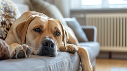 A Labrador Retriever resting on a soft gray sofa. A heating radiator in the background. Pet comfort