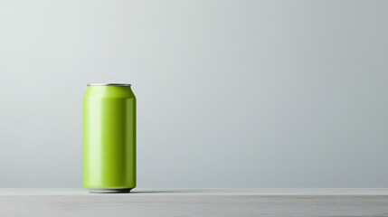 Bright metallic lime-green drink can resting on a simple table in a minimalist setting