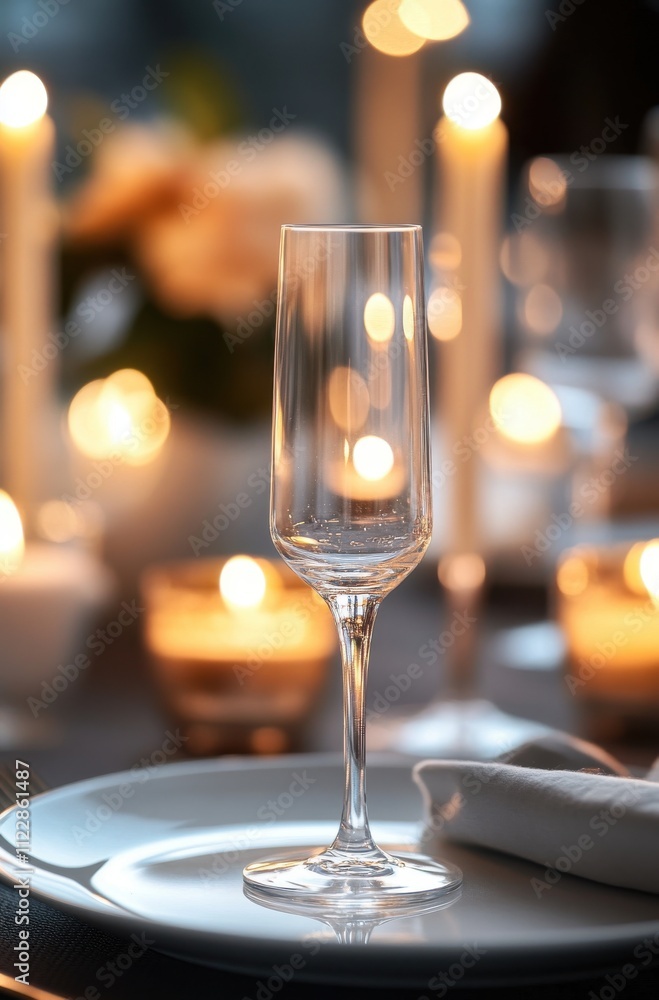 Poster elegant and sparkling glassware artfully set on a table surrounded by flickering candles and soft fl