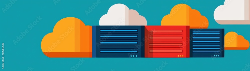 Poster this image features colorful shipping containers against a vibrant background of clouds, symbolizing