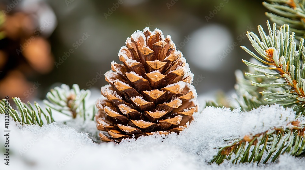 Poster Pinecone Resting on SnowCovered Fir Branches in Winter Forest : Generative AI
