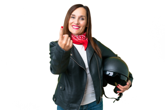 Middle age caucasian woman with a motorcycle helmet over isolated chroma key background doing coming gesture