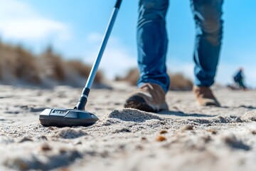 Man metal detecting on beach