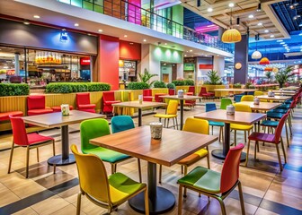 Cozy and Inviting Empty Tables with Comfortable Seating in a Shopping Mall Food Court, Captured in Stunning Macro Photography for Relaxed Dining Atmosphere