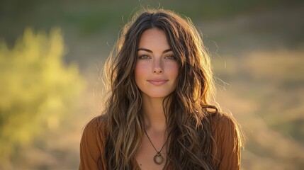 Fototapeta premium Portrait of a boho woman enjoying a sunny day in a tranquil field