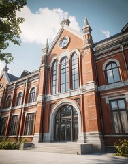 A grand brick building with large windows and a decorative entrance.