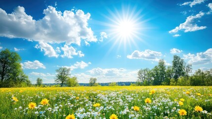 A vibrant field of flowers under a bright sun and blue sky, evoking serenity and nature's beauty.
