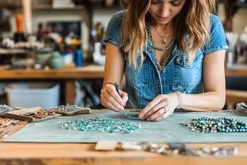 Woman making handmade jewelry at home